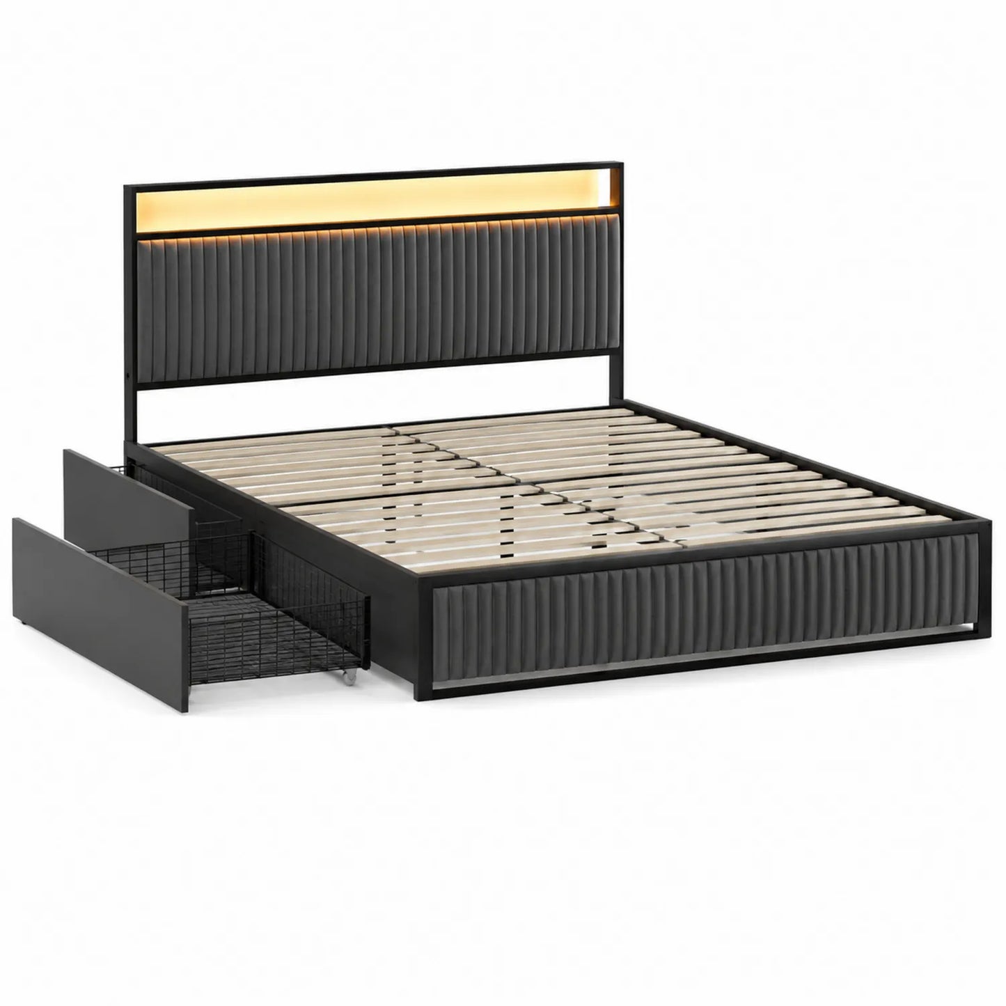 Doppelbett mit Aufbewahrungsfunktion, gepolstertes Kopfteil, LED-Beleuchtung, 200x180 cm, Schwarz