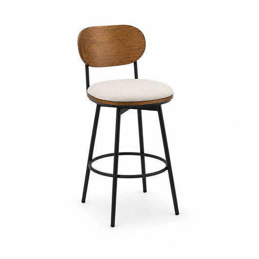 Barhocker aus Holz mit Metallgestell und beigem Polstersitz
